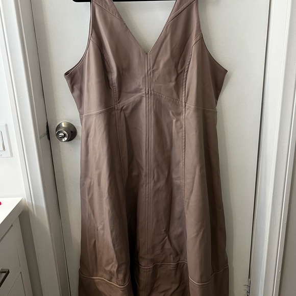 Maeve Beige V-Neck Faux Leather Midi Dress - Picture 7 of 8